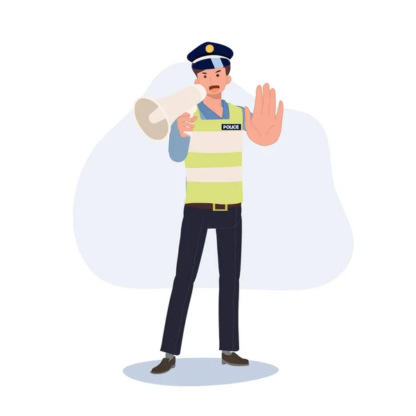 一个交通警察拿着扩音器 做手势 停止手势 平面矢量卡通画 — 图库矢量图片