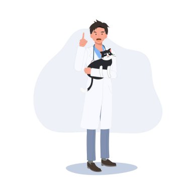 Erkek veteriner, kediye sarılıyor ve bilgi veriyor. Profesyonel veteriner. Veteriner bir kedi tutuyor. Düz vektör karikatür çizimi