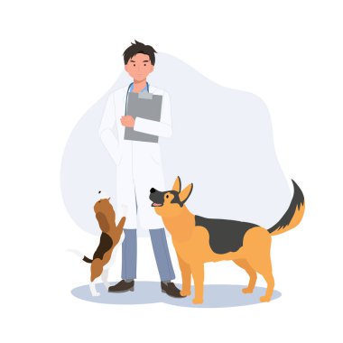 Uzun boylu, köpekli bir erkek veteriner. Profesyonel veteriner. Köpekli bir veteriner. Düz vektör karikatür çizimi