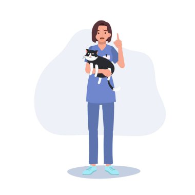 Veteriner bir kadın, kediye sarılıyor ve ona bilgi veriyor. Profesyonel veteriner. Kadın veteriner bir kedi tutuyor. Düz vektör karikatür çizimi