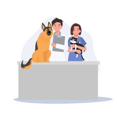 Veteriner takımı ve köpek kedi klinikte. Veteriner kliniği, sağlık hizmetleri ya da evcil hayvanlar için sağlık merkezi. Düz vektör karikatür çizimi