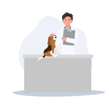 Veteriner takımı ve köpek klinikte. Veteriner kliniği, sağlık hizmetleri ya da evcil hayvanlar için sağlık merkezi. Düz vektör karikatür çizimi