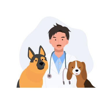 Evcil hayvanlar tedavi konsepti. Köpeklerle gülümseyen veteriner doktor. Mutlu erkek veteriner. Düz vektör karikatür çizimi