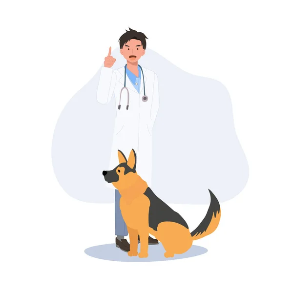 Alman çoban köpeğiyle birlikte tam boy erkek veteriner köpek hakkında bilgi veriyor. Profesyonel veteriner. Düz vektör karikatür çizimi