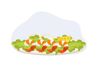 Deniz yemeği, pişmiş karides, tabakta limonlu karides. Karides salatası. Düz vektör karikatür çizimi