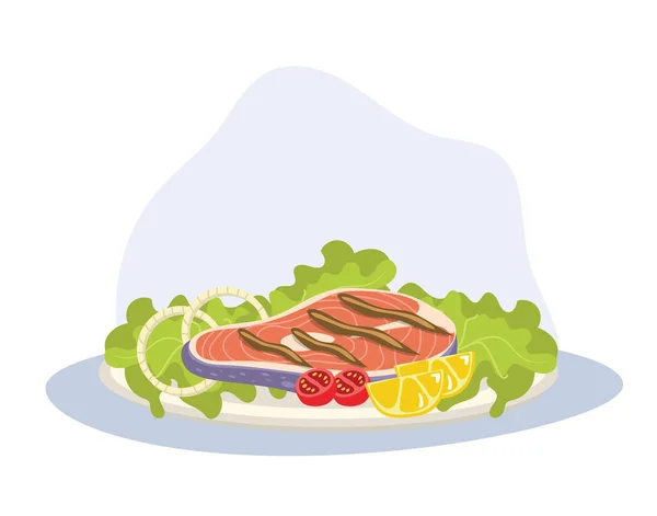 烤鲑鱼片 烤鲑鱼 烤鲑鱼牛排 盘子里有柠檬和莴苣叶 — 图库矢量图片