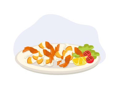 Limonlu karides, vişneli domates ve marul. Deniz ürünleri. Düz vektör karikatür çizimi