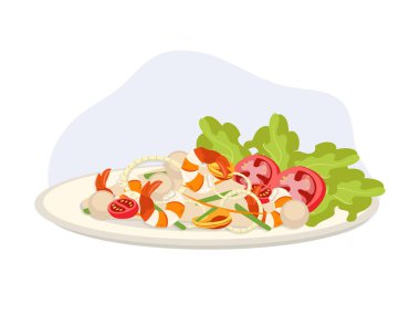 Baharatlı Tayland karışık deniz ürünleri salatası. Asya leziz Tayland deniz ürünleri salatası. Karides midyeli baharatlı Tayland salatası. Lezzetli yemek. Düz vektör karikatür çizimi