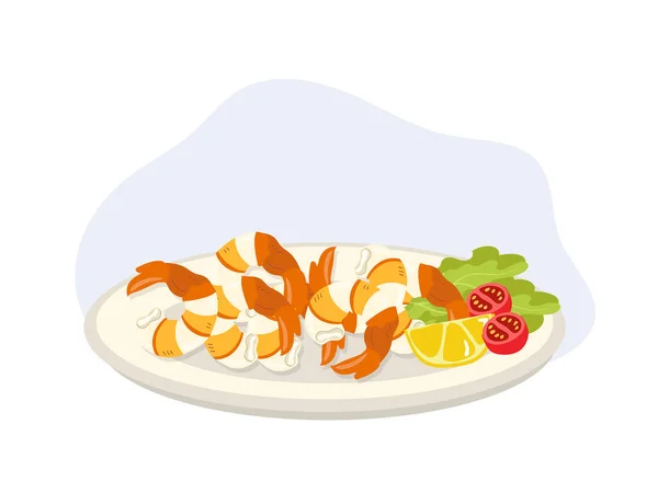 Gekochte Garnelen Oder Garnelen Mit Zitronenscheiben Kirschtomaten Und Salat Auf — Stockvektor
