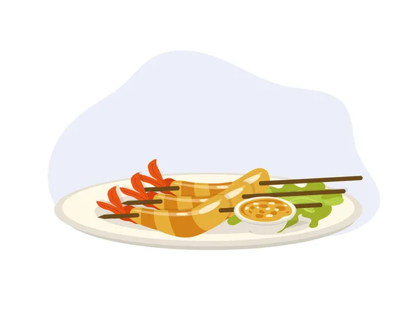 Shrimp Satay Grilled Shrimp Satay Satay Sauce Plate Cartoon Vector — Stock Vector