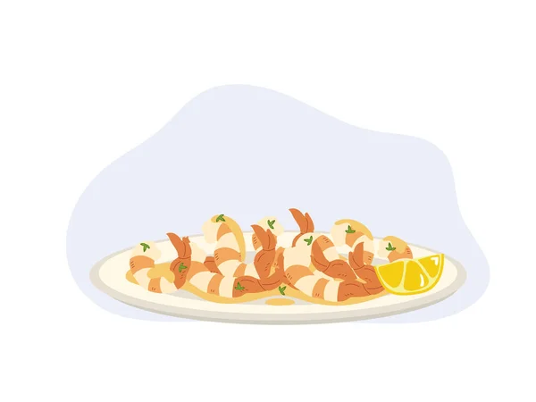 Poêle Beurre Frit Crevettes Ail Sur Assiette Crevettes Ail Crevettes — Image vectorielle