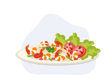 Vermicelli ve karides salatası, popüler bir Tayland salatası. Baharatlı Tayland yemeği. çizgi film vektör illüstrasyonu