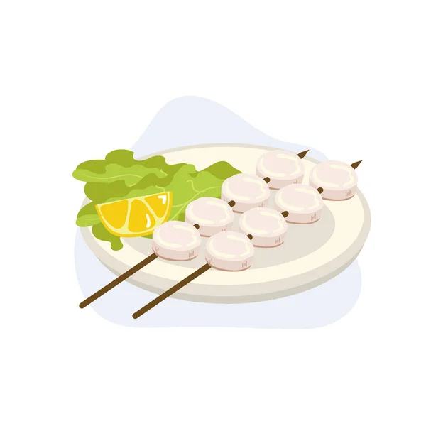 ホタテの串焼きとホタテの串焼き 貝のないホタテ焼き 魚介類 ベクトル漫画イラスト — ストックベクタ