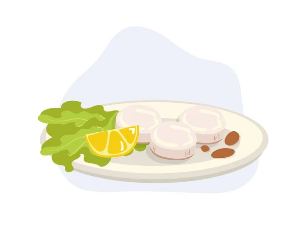 烤扇贝与柠檬和生菜在盘子里 矢量卡通画 — 图库矢量图片