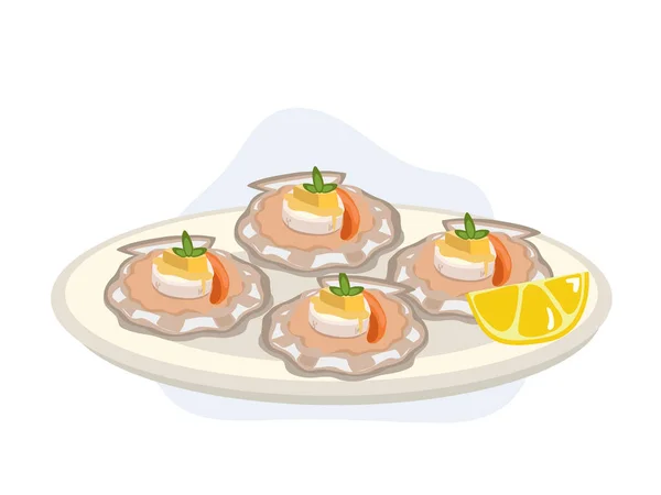 King Scallop Shell Butter Lemon Spicy Sauce Plate Vecrtor Cartoon — Stock Vector