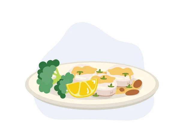 Burro Capesante Alla Griglia Con Limone Broccoli Sul Piatto Illustrazione — Vettoriale Stock