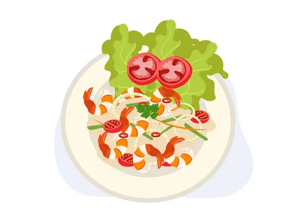 维米切利和虾仁沙拉 一种受欢迎的泰国沙拉 辣的泰国菜 顶部视图 卡通矢量图解 — 图库矢量图片