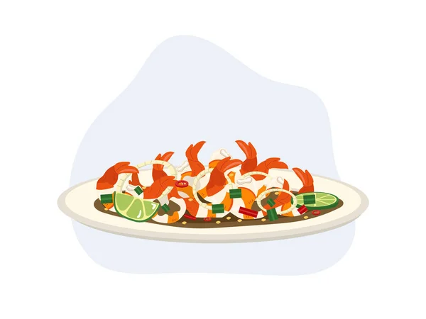 Πικάντικη Μαγειρεμένα Γαρίδες Σαλάτα Μαγειρεμένα Γαρίδες Τουρσί Σάλτσα Ψαριού Υπέροχο — Διανυσματικό Αρχείο