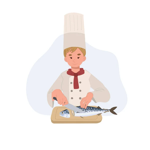 木の板に新鮮なサバの魚を切るプロの女性シェフ フラットベクトル漫画イラスト — ストックベクタ