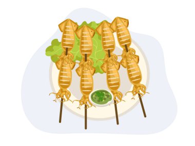 Tayland usulü orta boy kalamar. Baharatlı deniz ürünleri sosu ve marulla servis edilir. Üst görünüm