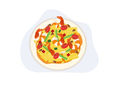 Mısırlı Papaya salatası mı yoksa karidesli Som Tum Kao Pod mu? Tayland usulü. Tatlı mısır baharatlı Tayland yemeği. Üst görünüm  