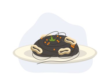 Mürekkep balıklı makarna ile kalamar halkası üzerine karides yumurtası ya da tobiko serpiştirilmiş. İtalyan deniz ürünleri. Düz vektör karikatür çizimi