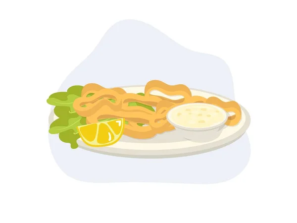 Crocante Frito Calamari Anéis Com Limão Cunha Tártaro Molho Flat — Vetor de Stock
