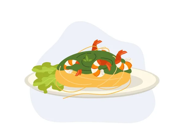 Spaghetti Prawns Shrimps Homemade Pesto Sauce Flat Vector Cartoon Illustration — Stock Vector