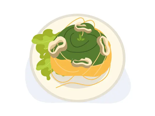 Espaguetis Con Anillo Calamar Salsa Pesto Casera Vista Superior Ilustración — Vector de stock