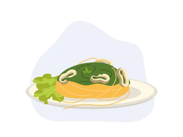 Spaghetti Mit Tintenfischring Hausgemachter Pesto Sauce Flache Vektor Karikatur — Stockvektor