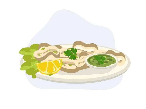 海鲜菜 用泰国辣海鲜煎鱿鱼 平面矢量卡通画 — 图库矢量图片