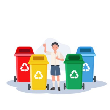 Geri dönüşüm çöpü olan çocuklar. Çocuk geri dönüşüm kutusunun rengini anlatırken baş parmağını bırakıyor..