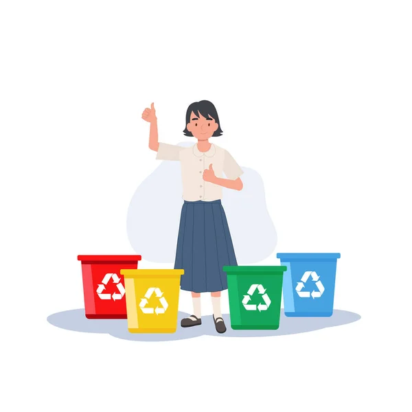 ゴミをリサイクルする子供たち 女の子はごみ箱の色について説明しながら親指をあげています — ストックベクタ