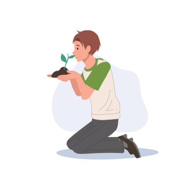 Yeşil konsept. İnsanlar tohum ekiyor ve ekiyor. Ağaç filizi olan adam. Çizgi film düz vektör çizimleri