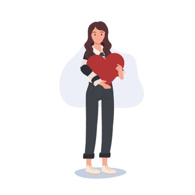  Sevgi, şefkat ve yardım kampanyaları için ilgi konsepti. Romantik. Koca Kırmızı Yürekli Kadın. Düz vektör karikatür çizimi