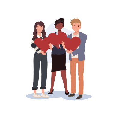  Sevgi, şefkat ve yardım kampanyaları için ilgi konsepti. Romantik. Big Red Heart 'ı elinde tutan bir grup insan. Düz vektör karikatür çizimi