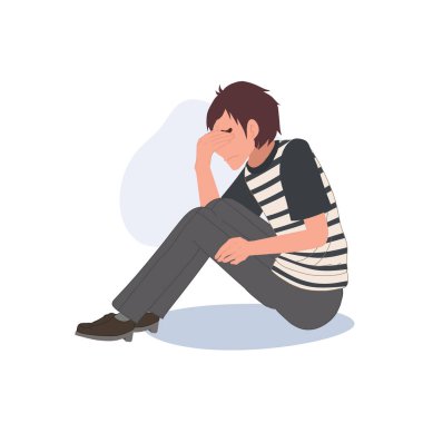 Üzüntü ve Yalnızlık kavramı. Endişeli Adam Üzüntü, Endişe ve Sorunlu Düşüncelerle Tek Başına Oturuyor. Düz vektör karikatür çizimi
