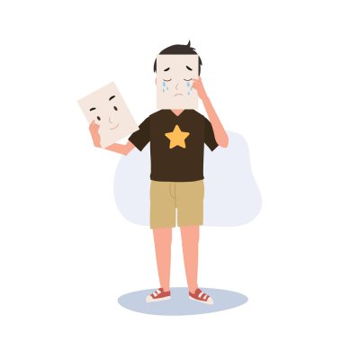 Çocuklukta melankolik. Saklı Duyguları Olan Üzgün Çocuk. İyi gibi davranan ama Üzüntüyü Saklayan küçük bir çocuk. Düz vektör karikatür çizimi