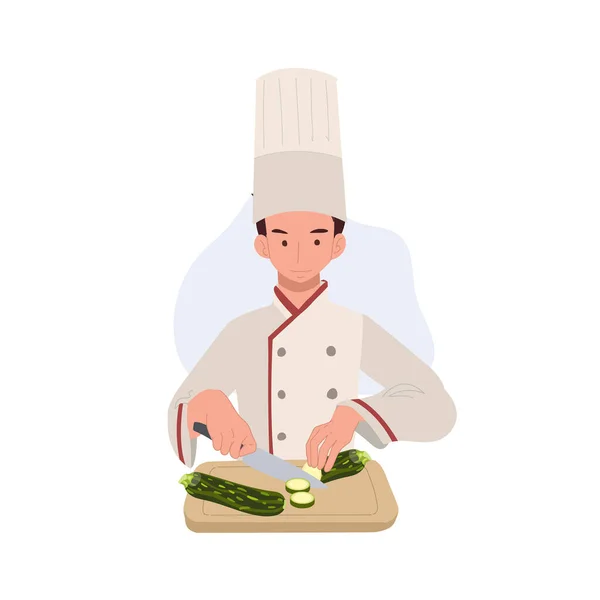 おいしい食事を準備する男性シェフ キッチンのシェフチョッピング野菜 調理のための新鮮な有機成分 — ストックベクタ