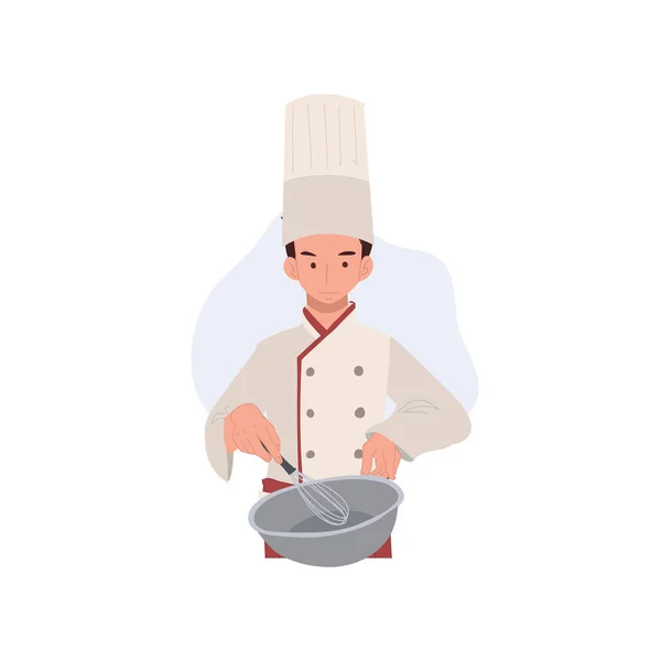 Matlagning Gourmet Cuisine Man Kock Blanda Ingredienser Mixing Bowl Platt — Stock vektor