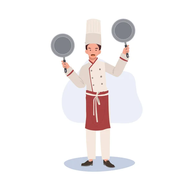 Culinair Professioneel Concept Glimlachende Kok Met Pan Happy Male Chef — Stockvector
