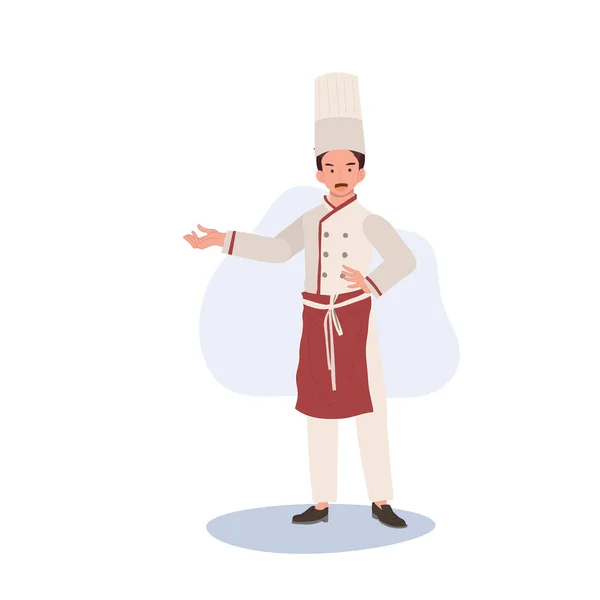 Ervaren Chef Kok Vriendelijk Gebaar Mannelijke Chef Kok Uitnodigend Met — Stockvector