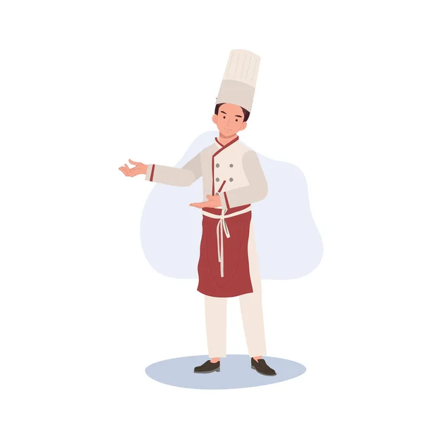 Ervaren Chef Kok Vriendelijk Gebaar Mannelijke Chef Kok Uitnodigend Met — Stockvector