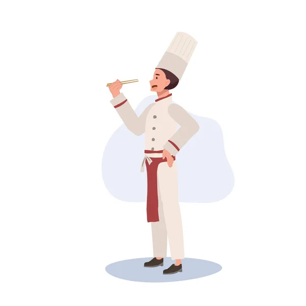 Full Length Chef Εικόνα Χαρούμενος Χαμογελαστός Σεφ Που Κρατάει Ξυλάκια — Διανυσματικό Αρχείο