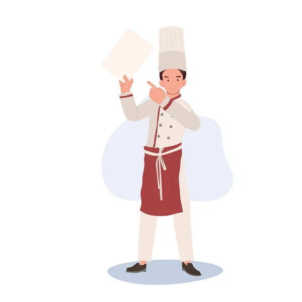 Full Length Chef Ilustração Chef Masculino Mostrando Menu Recomendar Chef — Vetor de Stock