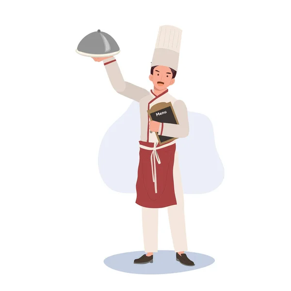 Full Length Chef Illustration Male Chef Showing Recommend Menu Flat — Stock Vector
