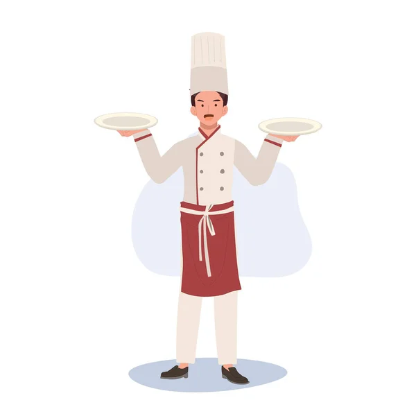 Culinair Professioneel Concept Full Length Chef Chef Hoed Uniform Holding — Stockvector