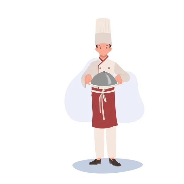 Conceito Culinária Profissional Chef Servindo Deliciosa Comida Gourmet Ilustração Desenho — Vetor de Stock