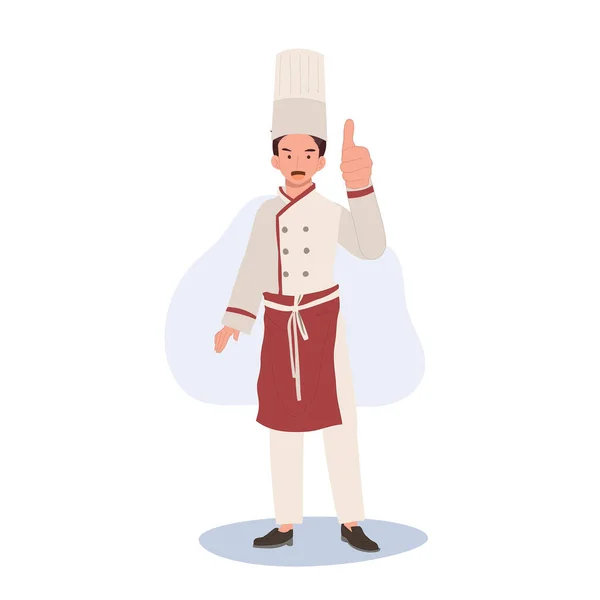 Volledige Lengte Glimlachende Mannelijke Chef Kok Karakter Opgeven Duim Omhoog — Stockvector