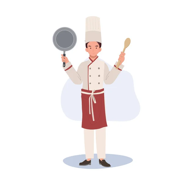 Comprimento Total Ilustração Chef Chef Masculino Chef Hat Holding Pan — Vetor de Stock